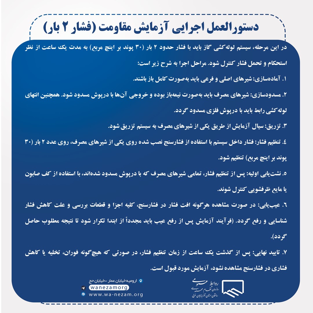 دستورالعمل اجرایی آزمایش مقاومت (فشار ۲ بار)