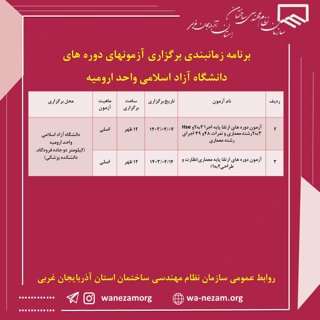 برنامه زمانبندي برگزاری آزمونهاي دوره های دانشگاه آزاد اسلامی واحد اروميه