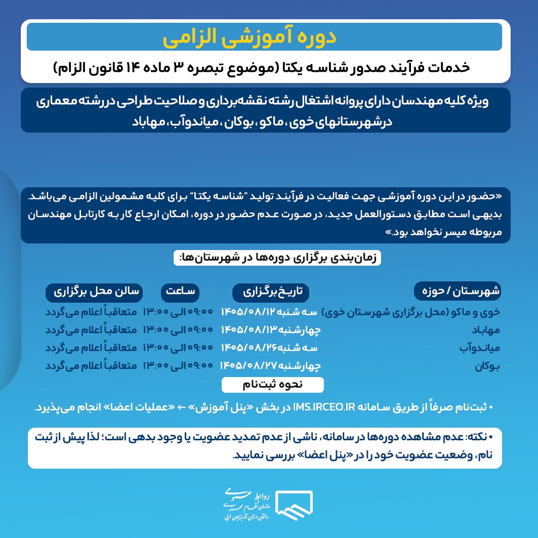دوره آموزشی الزامی شرح خدمات فرآیند صدور شناسه یکتا (موضوع تبصره ۳ ماده ۱۴ قانون الزام)